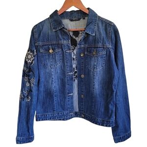 Fratini Emroidered Embellished Floral Bird Denim Jean Jacket Blue Womans Large